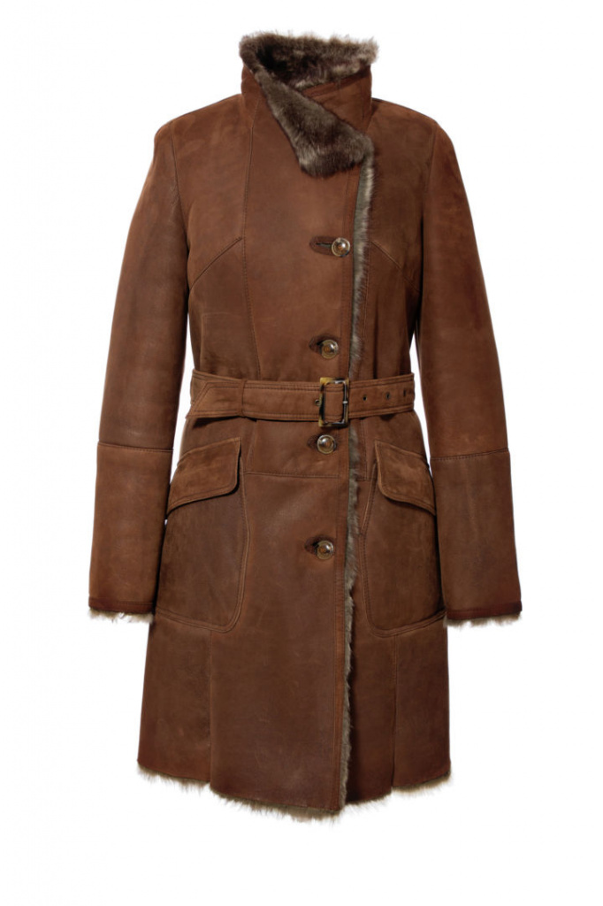 Sagitta, Spanish sheepskin coat with stand-up collar and patch pockets 