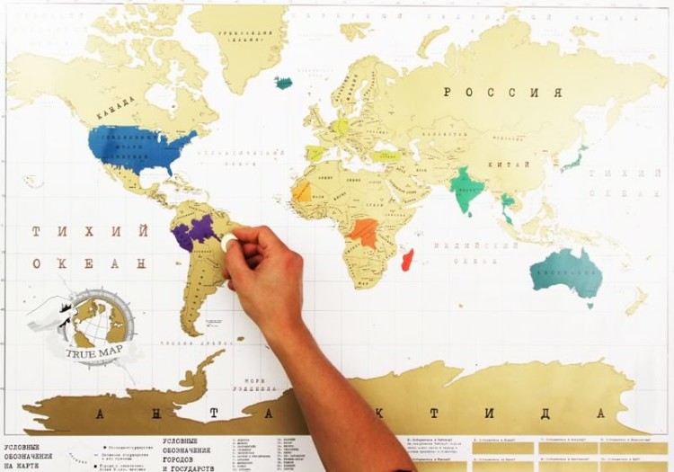 A world map on which you can coin-erase the top layer, marking the countries you've visited. 