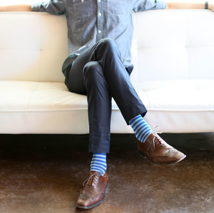 Light blue striped socks go well with a smart casual denim shirt 