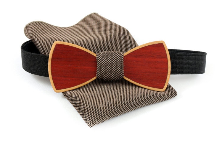 Wooden bow tie with brown polka dot shawl for jacket 