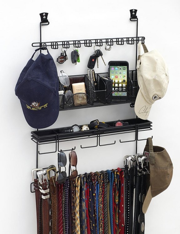 When there is little space in your closet, use the inner surface of its doors and attach hooks, rails, and accessory compartments there 