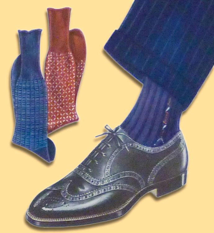 Navy blue striped socks in contrasting colors go well with black oxfords 