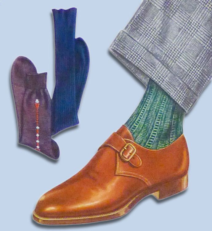 Green socks will look great with brown monks and glencheck pants 