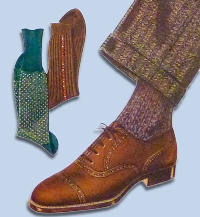 Brown brogues go well with herringbone wool trousers and finely patterned wool socks 