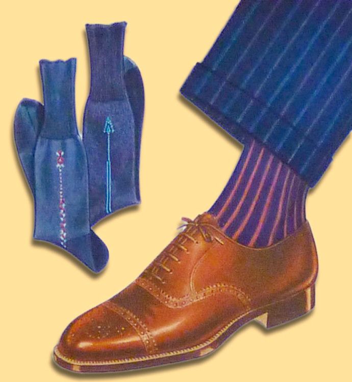 Ribbed red and blue socks make a good combination between brown shoes and a dark suit 