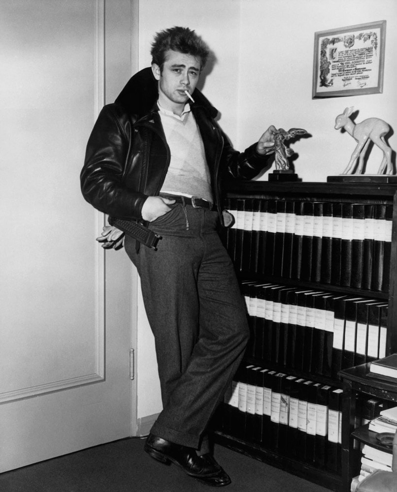James Dean in a leather bomber jacket 
