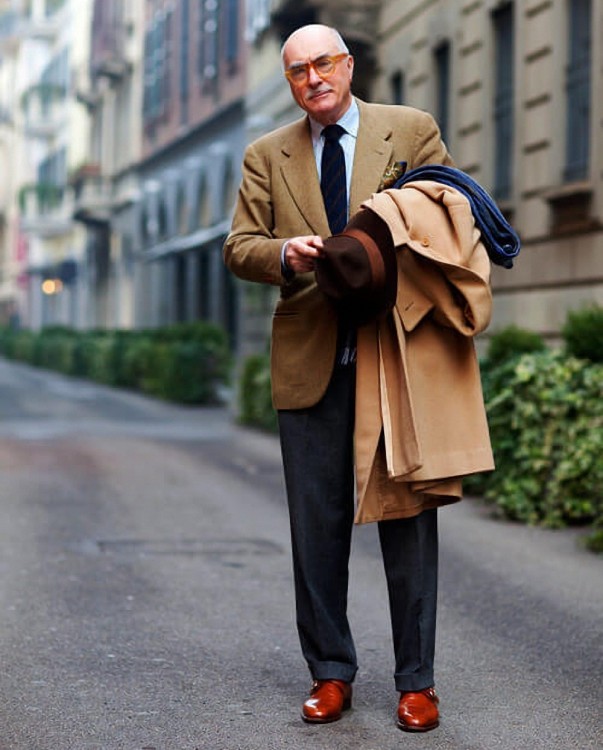 Barbera in Beige SB Blazer with Gray Pants and Blue Striped Tie paired with Sartorialist Monks 