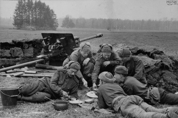 Soldiers of the Soviet Army near Berlin in caps with earflaps 