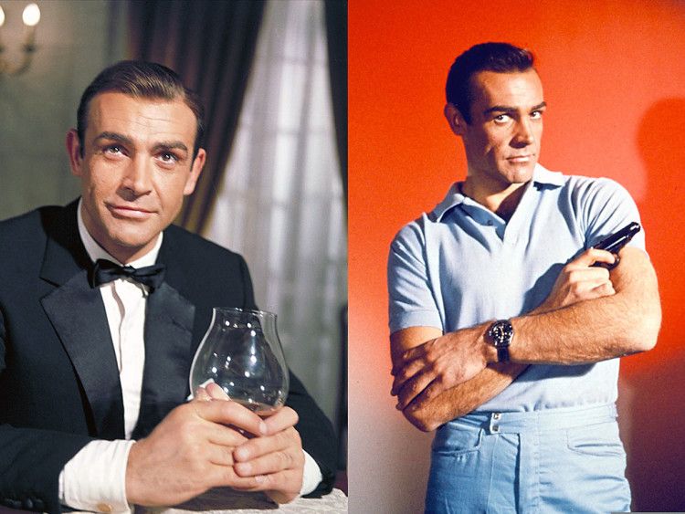 James Bond style - on the left, Sean Connery in a formal tuxedo with a bow tie, on the right in a blue polo and light cotton trousers 
