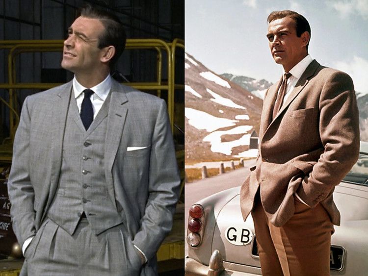 Sean Connery as James Bond - left in a semi-formal three-piece suit, right in a casual outfit 