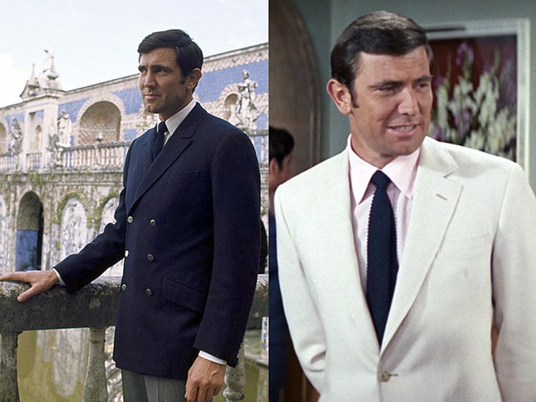 George Lazenby in the image of James Bond - on the left in a dark blue double-breasted jacket and gray trousers, on the right in a classic white suit with a tie 