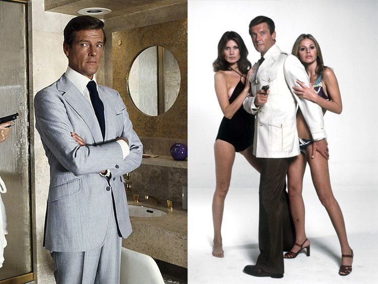 Roger Moore added changes to the style of James Bond - on the left in a fairly loose-fitting linen suit, on the right in straight dark gray trousers and a jacket in Safari Style 