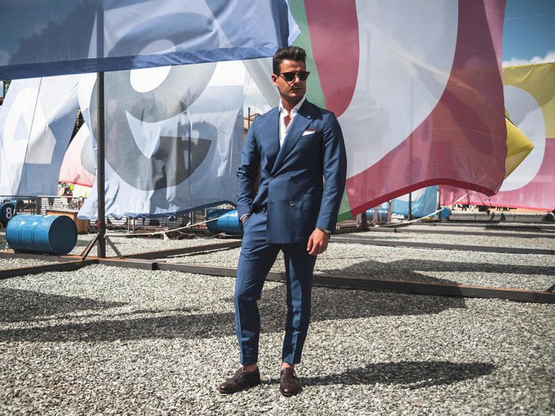 Pitti Uomo 2021 was not without its traditional summer combination for Italians - a blue suit with brown shoes 