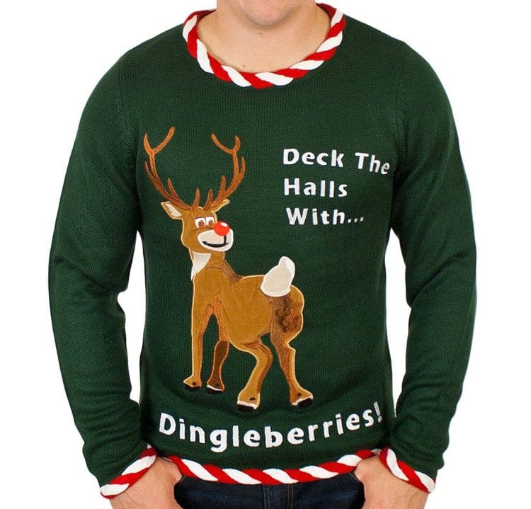 Men's green sweater with a cartoon deer print is relevant for leisure 