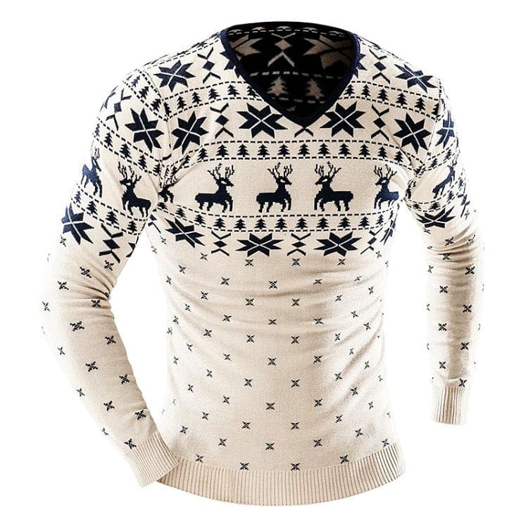 A white Scandinavian sweater with a dark deer print - a bold yet discreet design for the office 