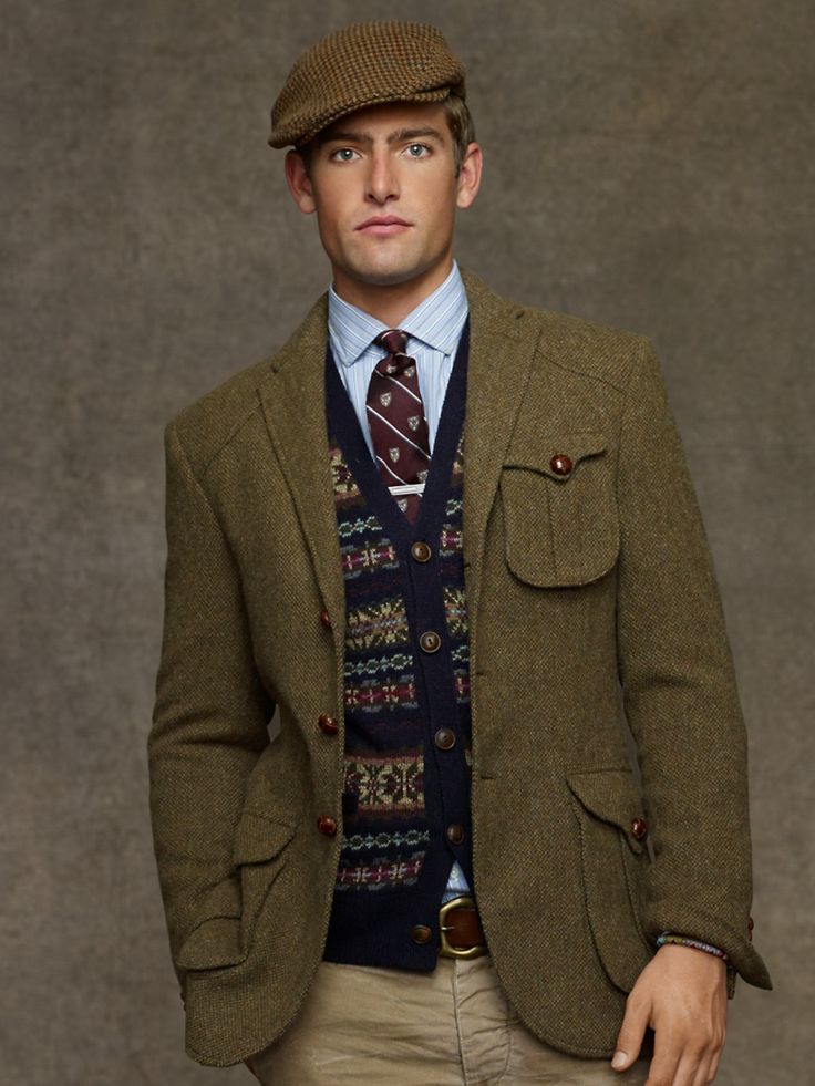 A tweed suit goes well with colored vests, caps and other typical  